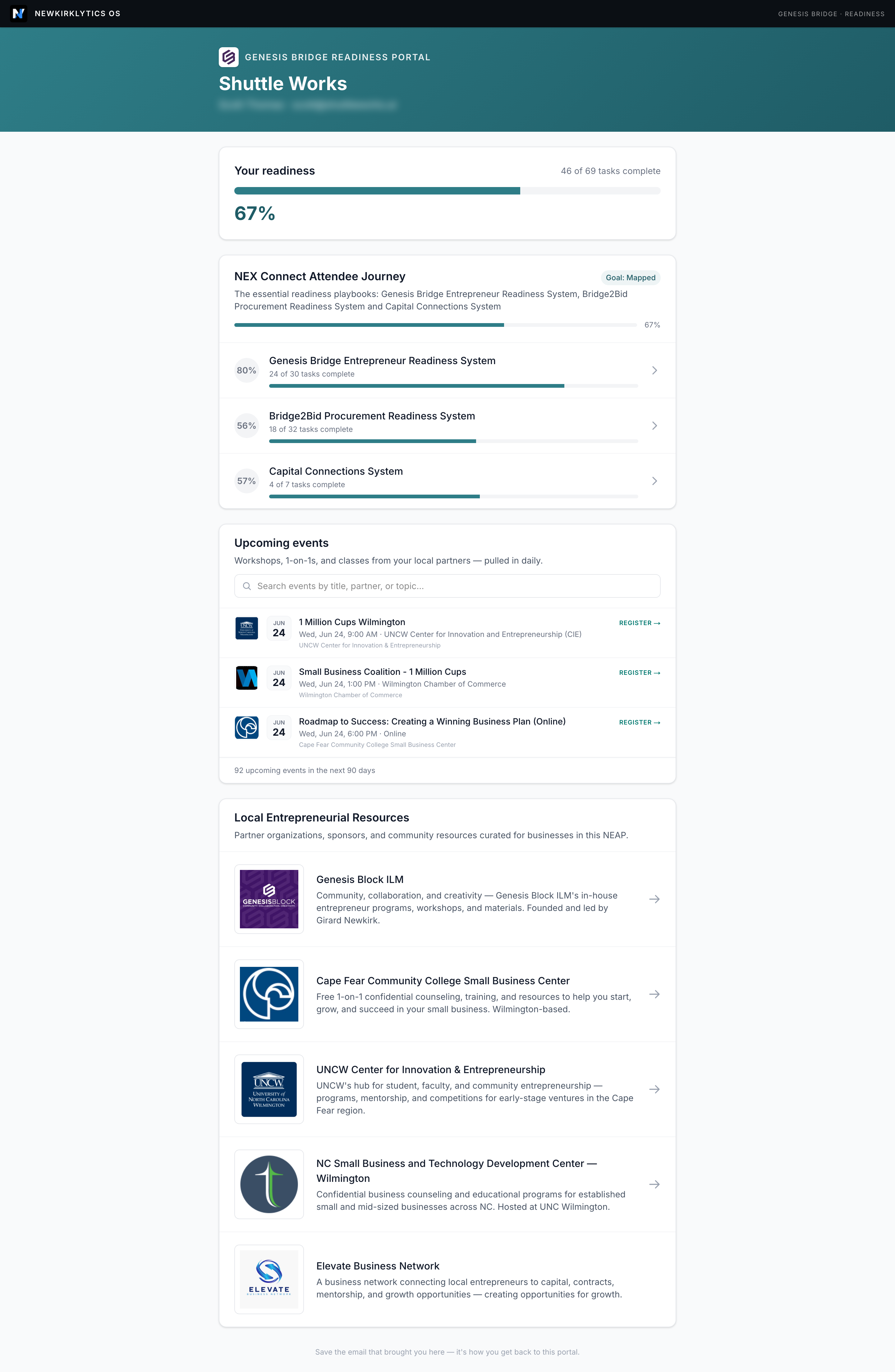 Genesis Bridge readiness portal showing a readiness score, checklists, events, and resources